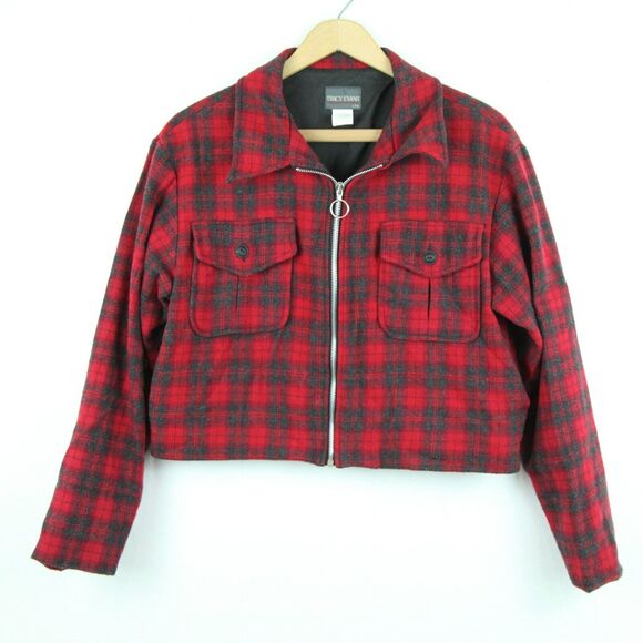 Tracy Evans Jackets & Blazers - Vintage Women's Medium Red Plaid Crop Jacket Cabincore 90s Y2K Punk Academia